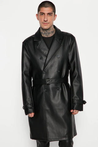 Feeling Risky Double Breasted Faux Leather Trench Coat - Black| BlamGlam