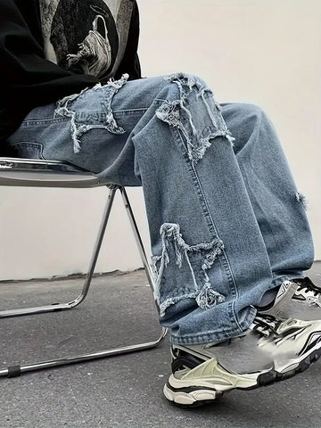 Star Pattern Jeans, Men's Casual Street Style Denim Pants