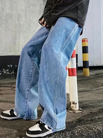 Loose Fit Jeans, Men's Casual Street Style Denim Pants With Pocket