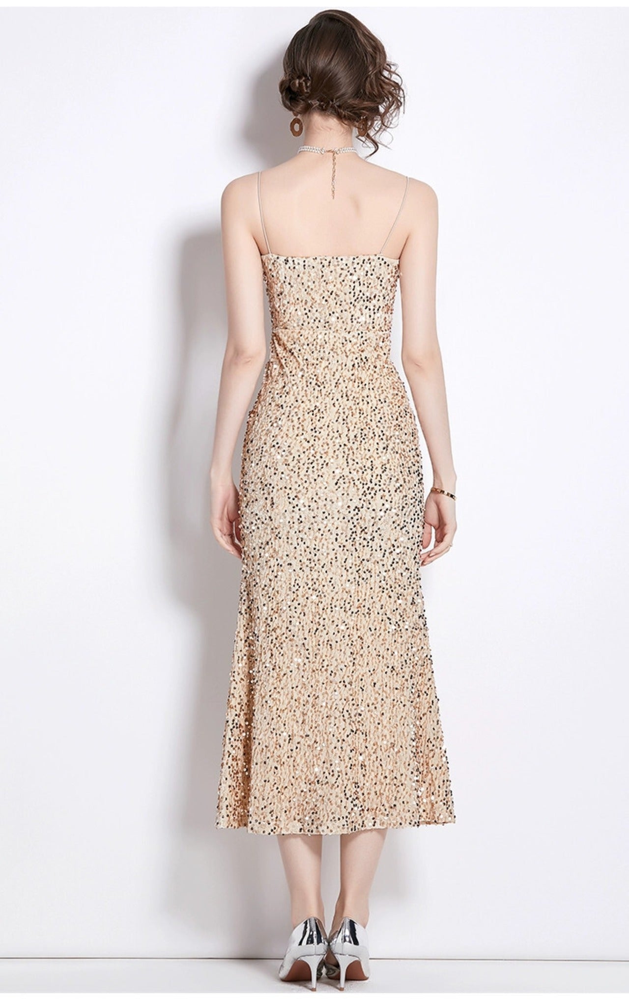 Elegant Beige Velvet Sequin Dress - Stunning Evening Gown for Special Occasions, Party, Prom, and Weddings - Comfortable, Stylish, Eye-Catching Design