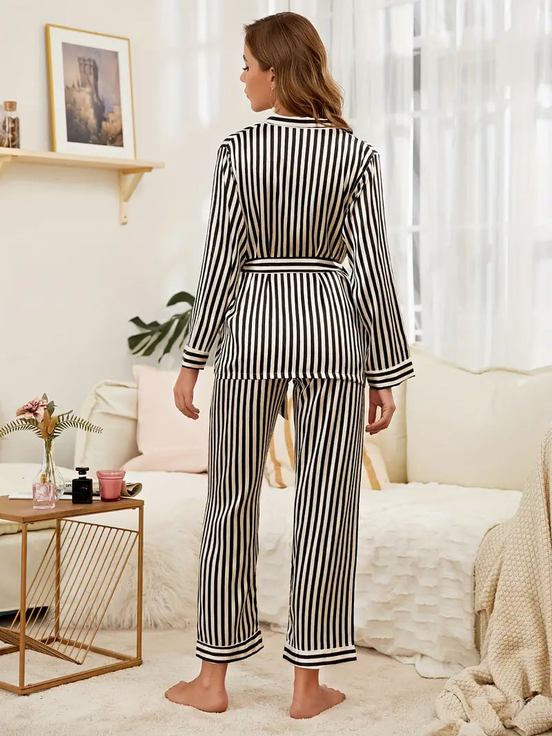 Casual Vertical Striped Pajama Set, Long Sleeve Lace-up Top & Elastic Waistband Pants, Women's Sleepwear & Loungewear