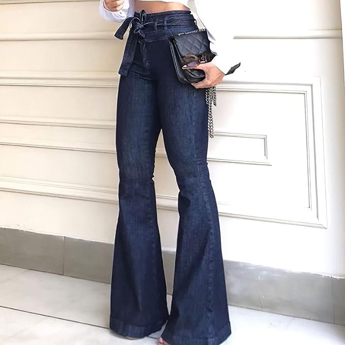 Women's High Waisted Bell Bottom Jeans - High Rise Flare Jean Pants with Wide Leg, Belt - Classic Blue Denim for a Retro Chic Look