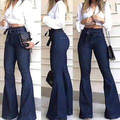 Women's High Waisted Bell Bottom Jeans - High Rise Flare Jean Pants with Wide Leg, Belt - Classic Blue Denim for a Retro Chic Look