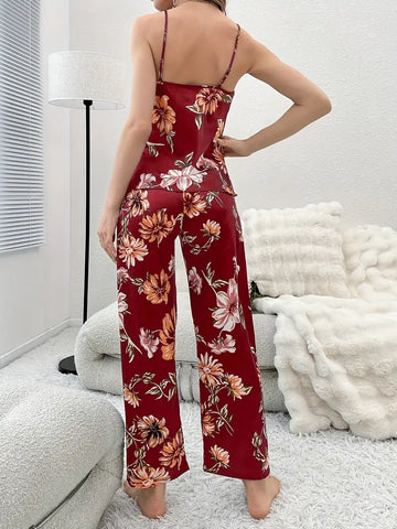Floral Print Pajama Set, Deep V Cami Top & Elastic Waistband Pants, Women's Sleepwear & Loungewear