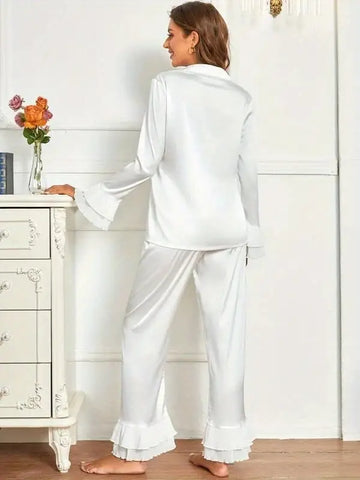 Ruffle Satin Pajama Set, Long Sleeve Lapel Top & Lounge Pants, Women's Sleepwear & Loungewear
