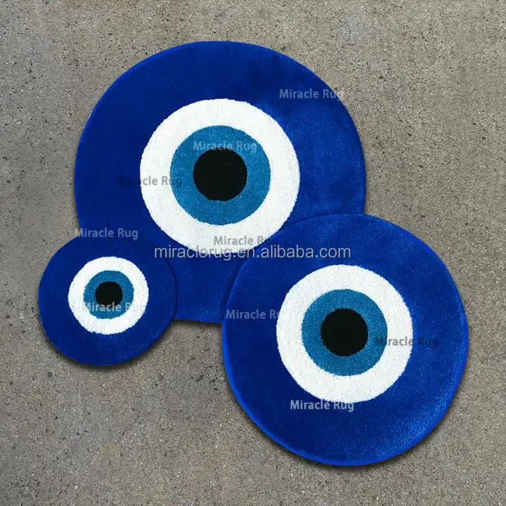 Turkish Culture Evil Eye Rug Custom Both Durable Light Blue To Deep Navy Round Carpet Intricate Design Floor Mat