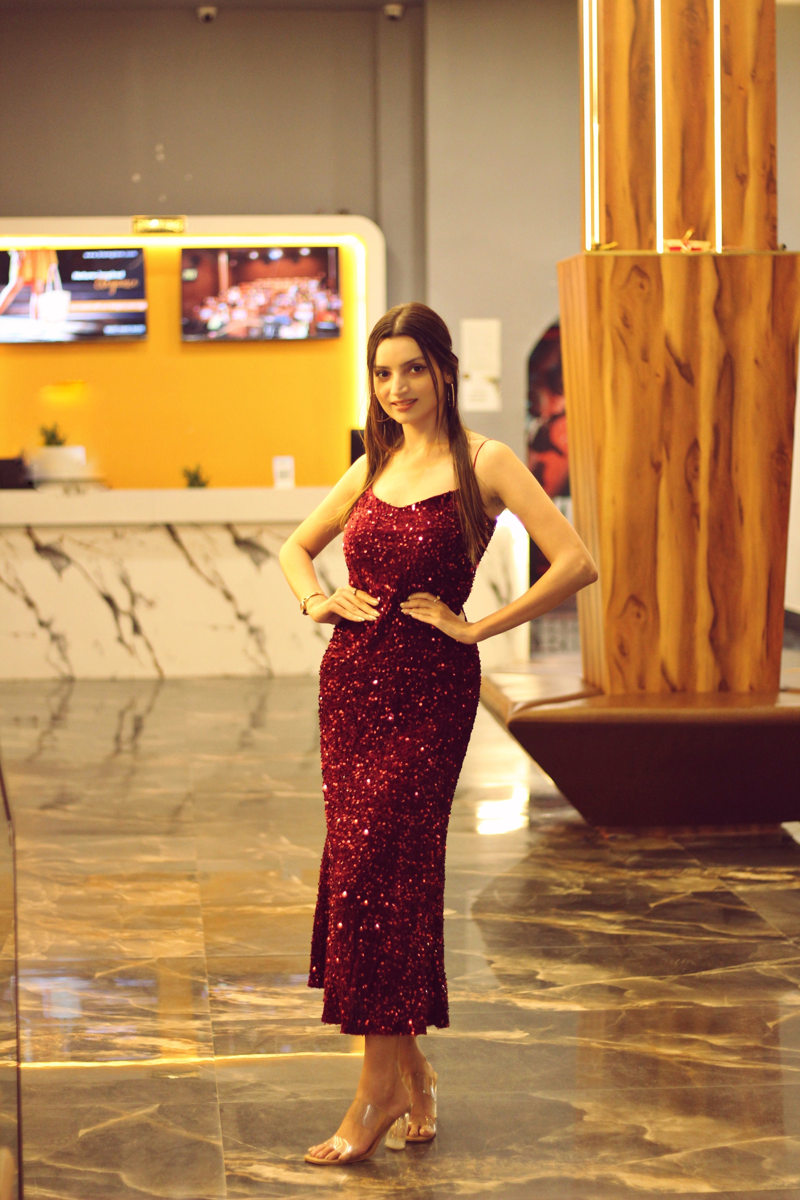 Elegant Red Velvet Sequin Dress - Stunning Evening Gown for Special Occasions, Party, Prom, and Weddings - Comfortable, Stylish, Eye-Catching Design