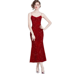 Elegant Red Velvet Sequin Dress - Stunning Evening Gown for Special Occasions, Party, Prom, and Weddings - Comfortable, Stylish, Eye-Catching Design