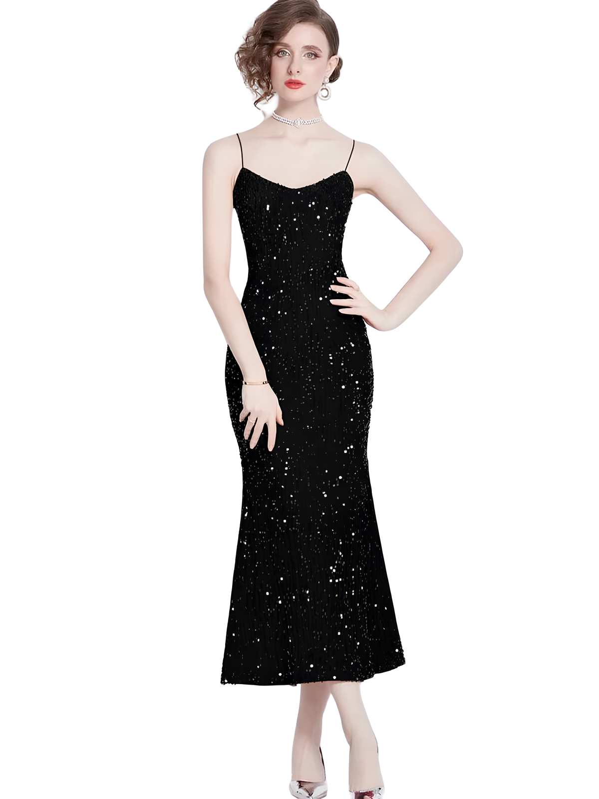 Elegant Black Velvet Sequin Dress - Stunning Evening Gown for Special Occasions, Party, Prom, and Weddings - Comfortable, Stylish, Eye-Catching Design