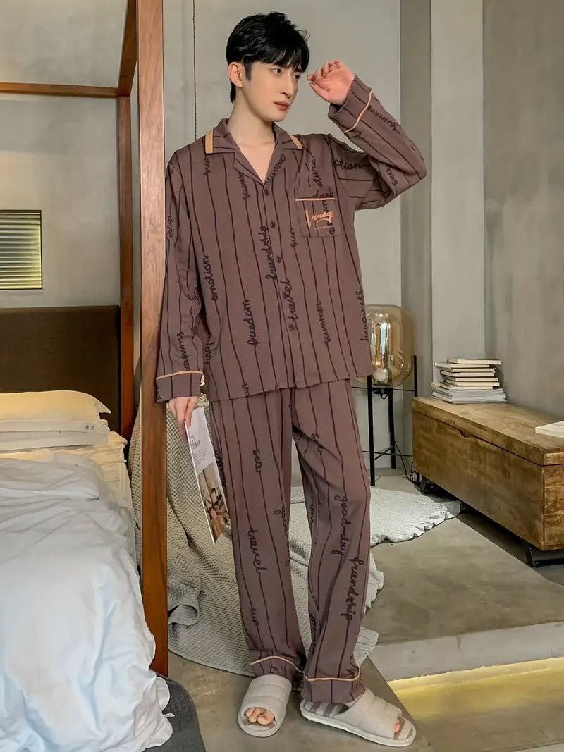 Men's Casual Pajamas Sets, Striped Graphic Print Long Sleeve Lapel Neck Shirt & Loose Pants Lounge Wear, Outdoor Sets For Spring Autumn