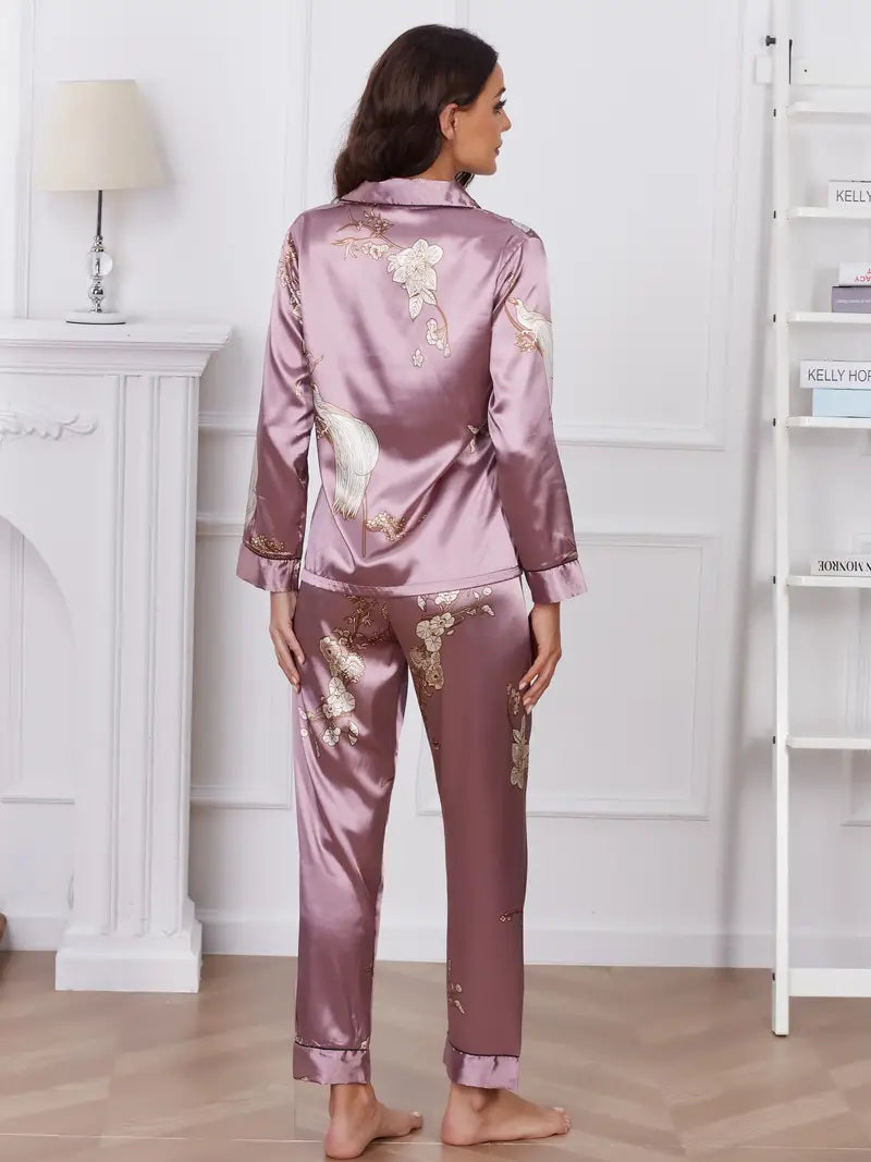 Floral Print Pajama Set, Long Sleeve Buttons Top & Elastic Waistband Pants, Women's Sleepwear & Loungewear