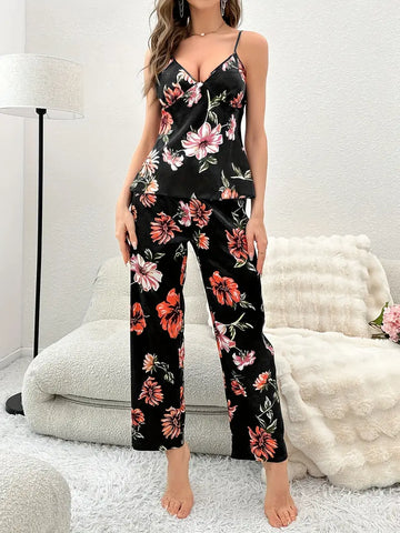 Floral Print Pajama Set, Deep V Cami Top & Elastic Waistband Pants, Women's Sleepwear & Loungewear