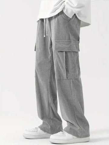 Corduroy Multi Flap Pockets Men's Straight Leg Cargo Pants, Loose Baggy Pant Casual Outdoor Pants, Men's Work Pants For Hiking Fishing Angling| BlamGlam