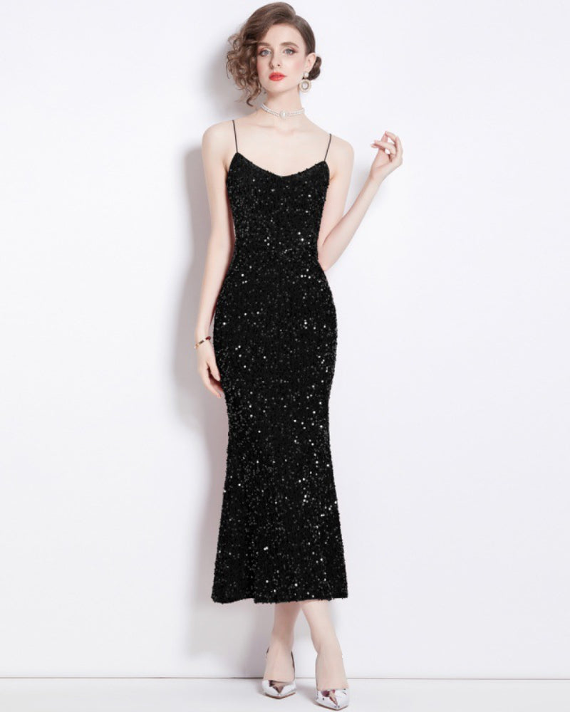 Elegant Black Velvet Sequin Dress - Stunning Evening Gown for Special Occasions, Party, Prom, and Weddings - Comfortable, Stylish, Eye-Catching Design