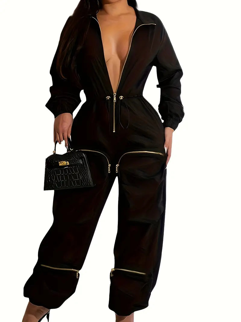 Zipper Solid Cargo Jumpsuit, Casual Long Sleeve Drawstring Jumpsuit, Women's Clothing