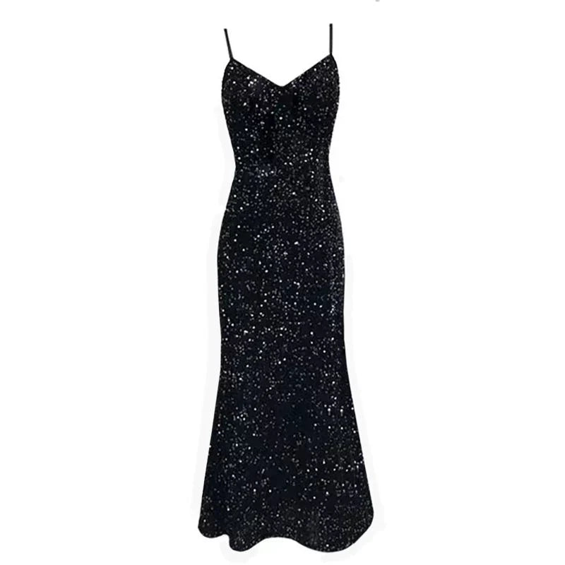 Elegant Black Velvet Sequin Dress - Stunning Evening Gown for Special Occasions, Party, Prom, and Weddings - Comfortable, Stylish, Eye-Catching Design