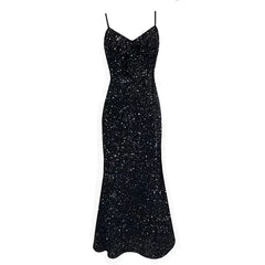 Elegant Black Velvet Sequin Dress - Stunning Evening Gown for Special Occasions, Party, Prom, and Weddings - Comfortable, Stylish, Eye-Catching Design