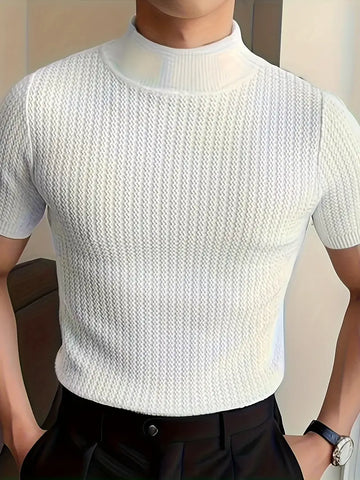 Men's Comfy Chic Turtleneck Solid T-shirt, Men's Summer Slim Fit Outdoor Clothes, Men's Clothing, Tops For Men