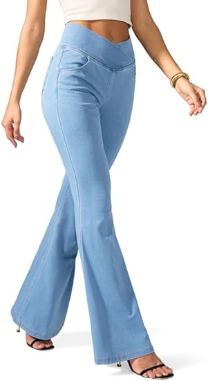 BlamGlam Flare Jeans for Women Crossover High Waisted Bell Bottom Jeans Trendy Yoga Pants Stretchy Flare Leggings with Pockets