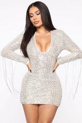 BlamGlam Silver Imported Designer Special Pearl Mini Dress - Elegant Pearl-Embellished Dress for Women, Short Cocktail Dress with Flattering Fit, Party Wear, Stunning Evening Dress