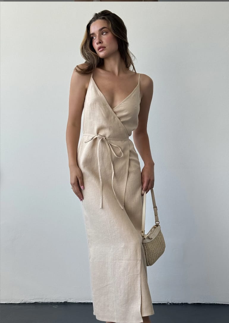 BlamGlam Linen summer wrap dress, Beige long linen dress, Maxi linen dress with slit, Casual linen spaghetti strap dress, Sleevless midi sundress