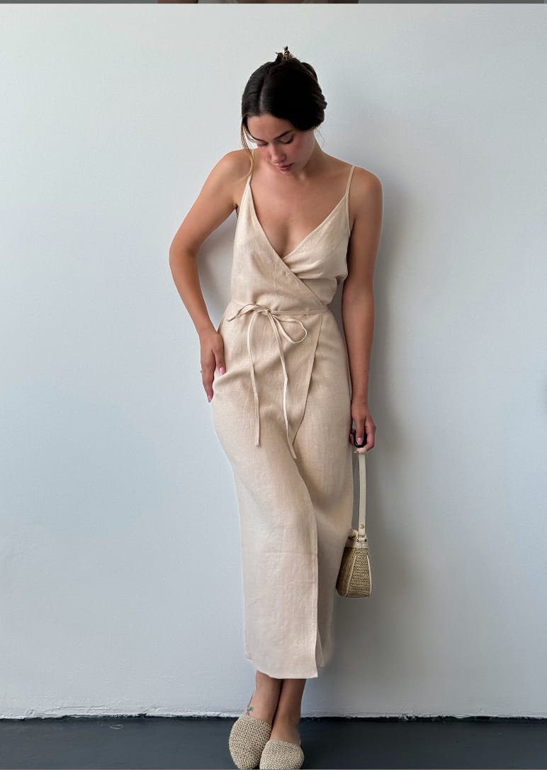 BlamGlam Linen summer wrap dress, Beige long linen dress, Maxi linen dress with slit, Casual linen spaghetti strap dress, Sleevless midi sundress