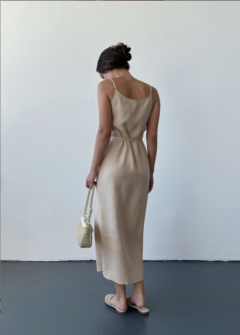 BlamGlam Linen summer wrap dress, Beige long linen dress, Maxi linen dress with slit, Casual linen spaghetti strap dress, Sleevless midi sundress