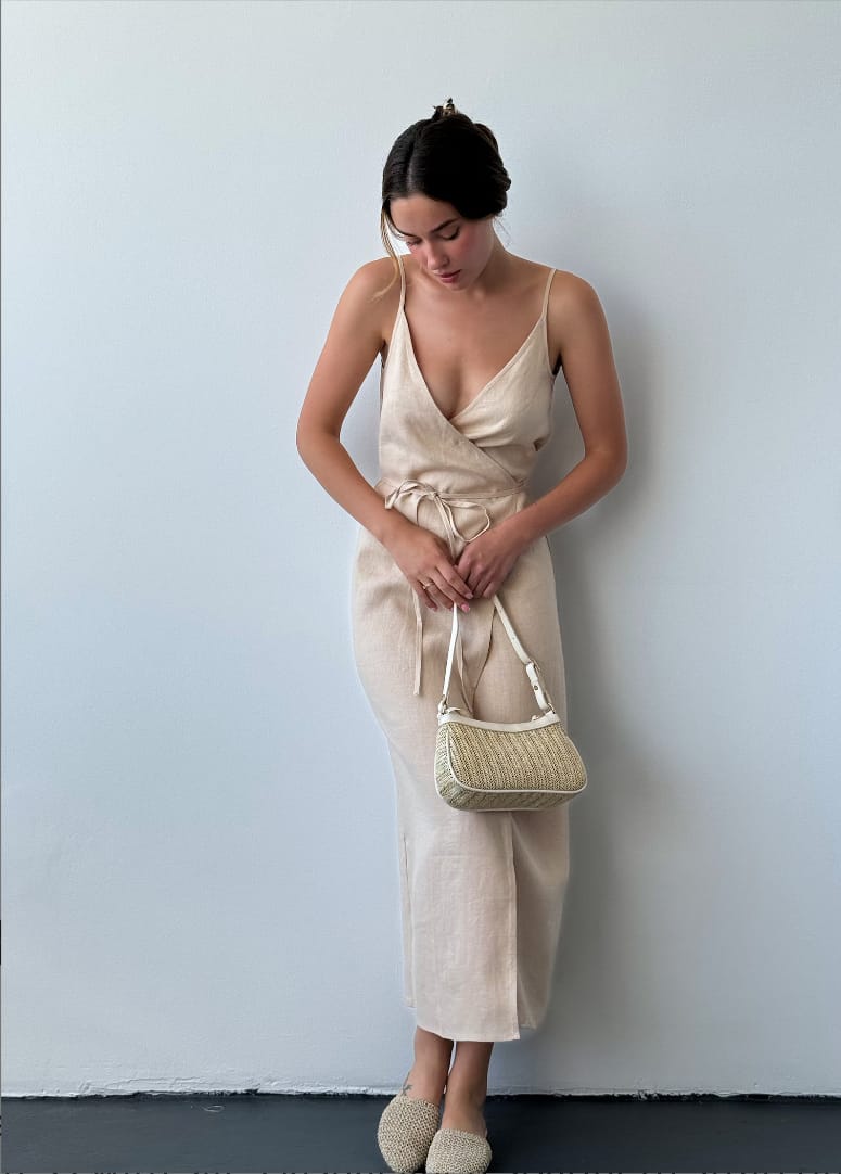 BlamGlam Linen summer wrap dress, Beige long linen dress, Maxi linen dress with slit, Casual linen spaghetti strap dress, Sleevless midi sundress