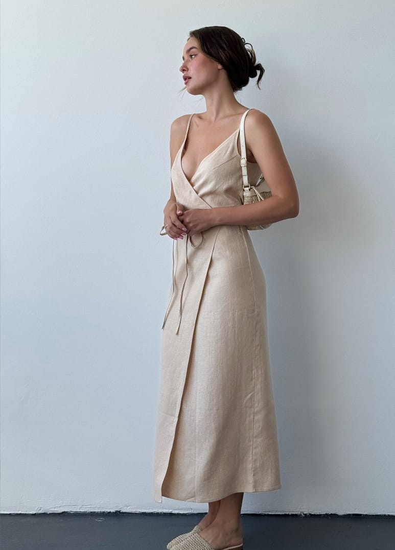 BlamGlam Linen summer wrap dress, Beige long linen dress, Maxi linen dress with slit, Casual linen spaghetti strap dress, Sleevless midi sundress