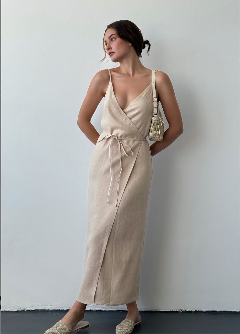 BlamGlam Linen summer wrap dress, Beige long linen dress, Maxi linen dress with slit, Casual linen spaghetti strap dress, Sleevless midi sundress