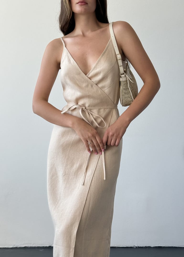 BlamGlam Linen summer wrap dress, Beige long linen dress, Maxi linen dress with slit, Casual linen spaghetti strap dress, Sleevless midi sundress