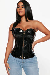 BlamGlam Imported Designer Power Patent Leather Corset - Black | Bold Glossy Finish, Enhanced Waistline, Adjustable Lacing, High-Impact Style, Premium Quality