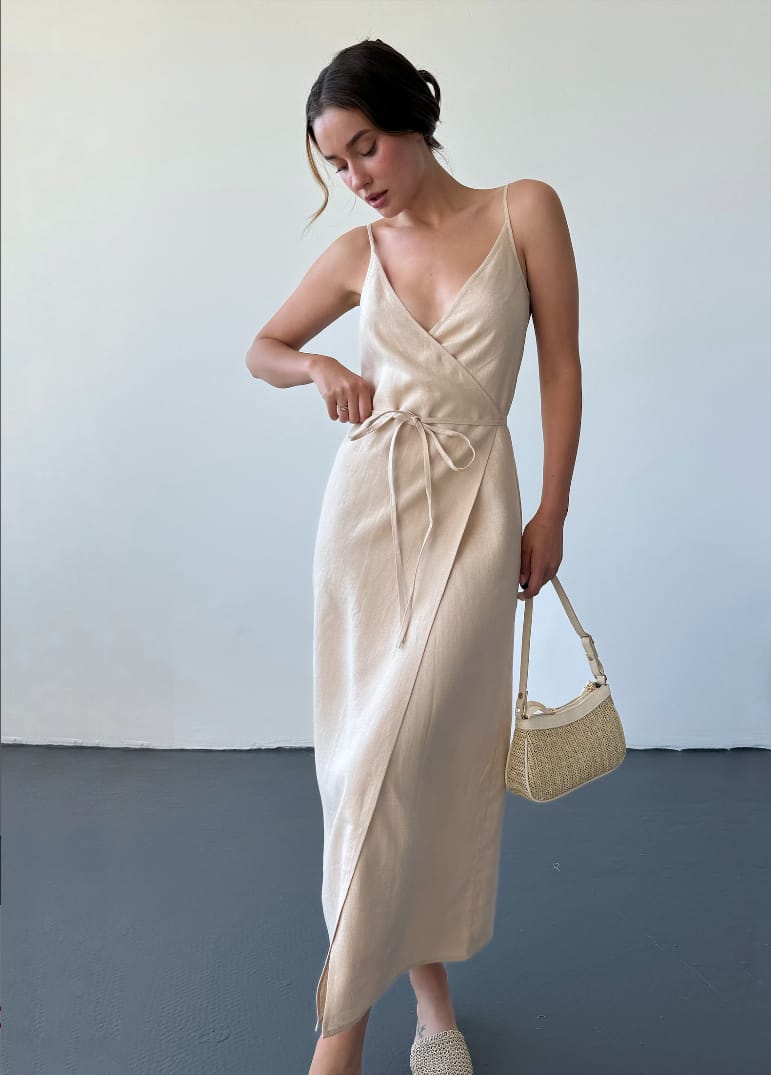 BlamGlam Linen summer wrap dress, Beige long linen dress, Maxi linen dress with slit, Casual linen spaghetti strap dress, Sleevless midi sundress