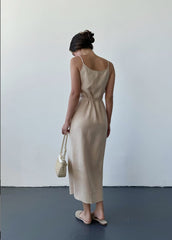 BlamGlam Linen summer wrap dress, Beige long linen dress, Maxi linen dress with slit, Casual linen spaghetti strap dress, Sleevless midi sundress