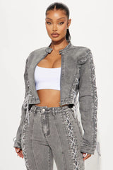 BlamGlam Imported Designer Boo Thang Lace Up Denim Jacket - Grey | Trendy Lace-Up Detail | Stylish Grey Denim Jacket | Versatile and Fashionable Outerwear | High-Quality Denim | Perfect for Casual and Chic Looks