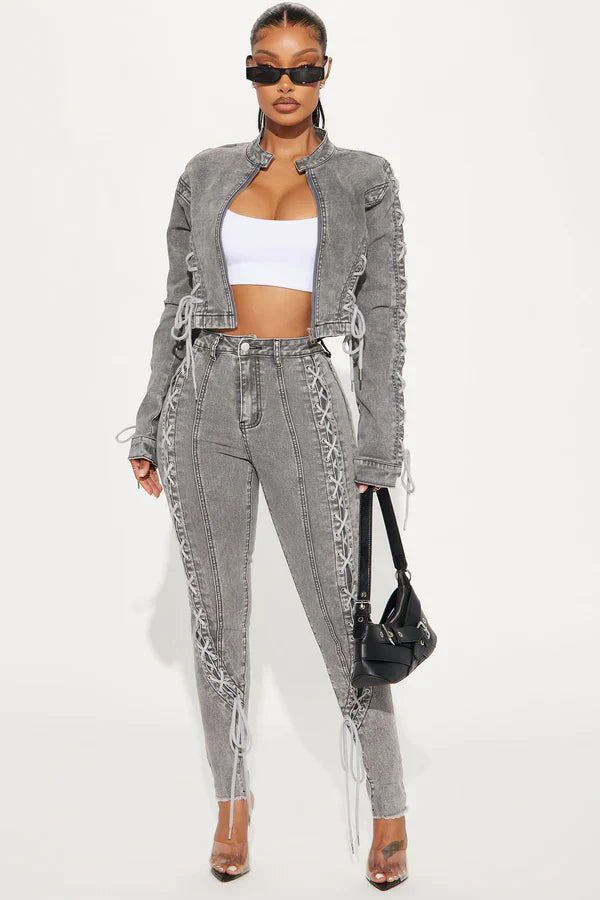 BlamGlam Imported Designer Boo Thang Lace Up Denim Jacket - Grey | Trendy Lace-Up Detail | Stylish Grey Denim Jacket | Versatile and Fashionable Outerwear | High-Quality Denim | Perfect for Casual and Chic Looks