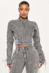 BlamGlam Imported Designer Boo Thang Lace Up Denim Jacket - Grey | Trendy Lace-Up Detail | Stylish Grey Denim Jacket | Versatile and Fashionable Outerwear | High-Quality Denim | Perfect for Casual and Chic Looks