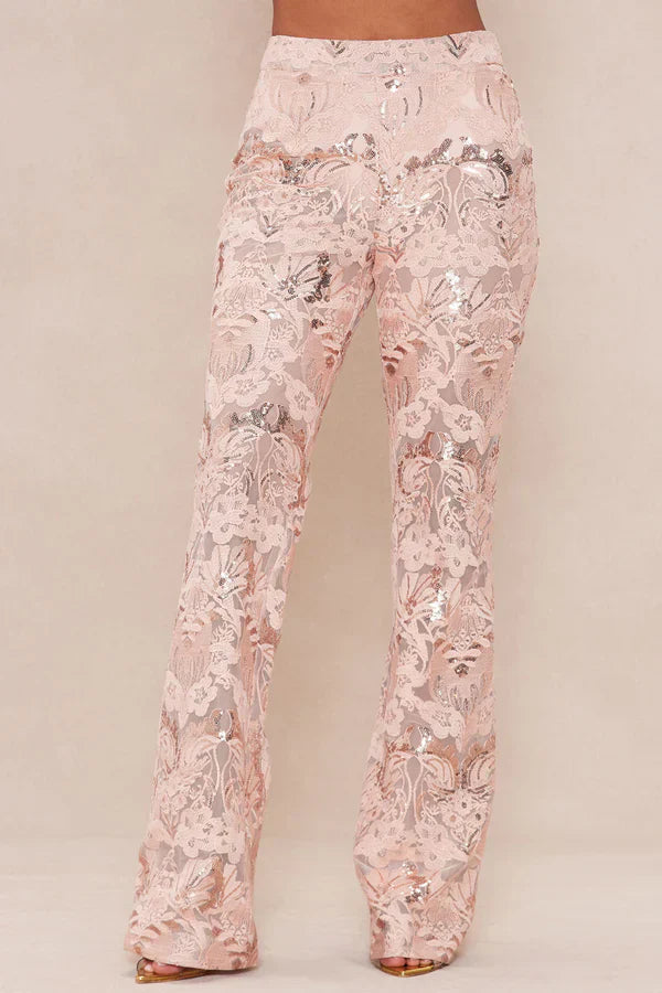 BlamGlam Imported Designer Charlize Sequin Embroidered Pant - Blush | Elegant Sequin Detail | Stylish Blush Pants for Evening Wear | High-Quality Embroidered Fabric | Perfect for Formal Events and Special Occasions | Chic and Fashionable Design