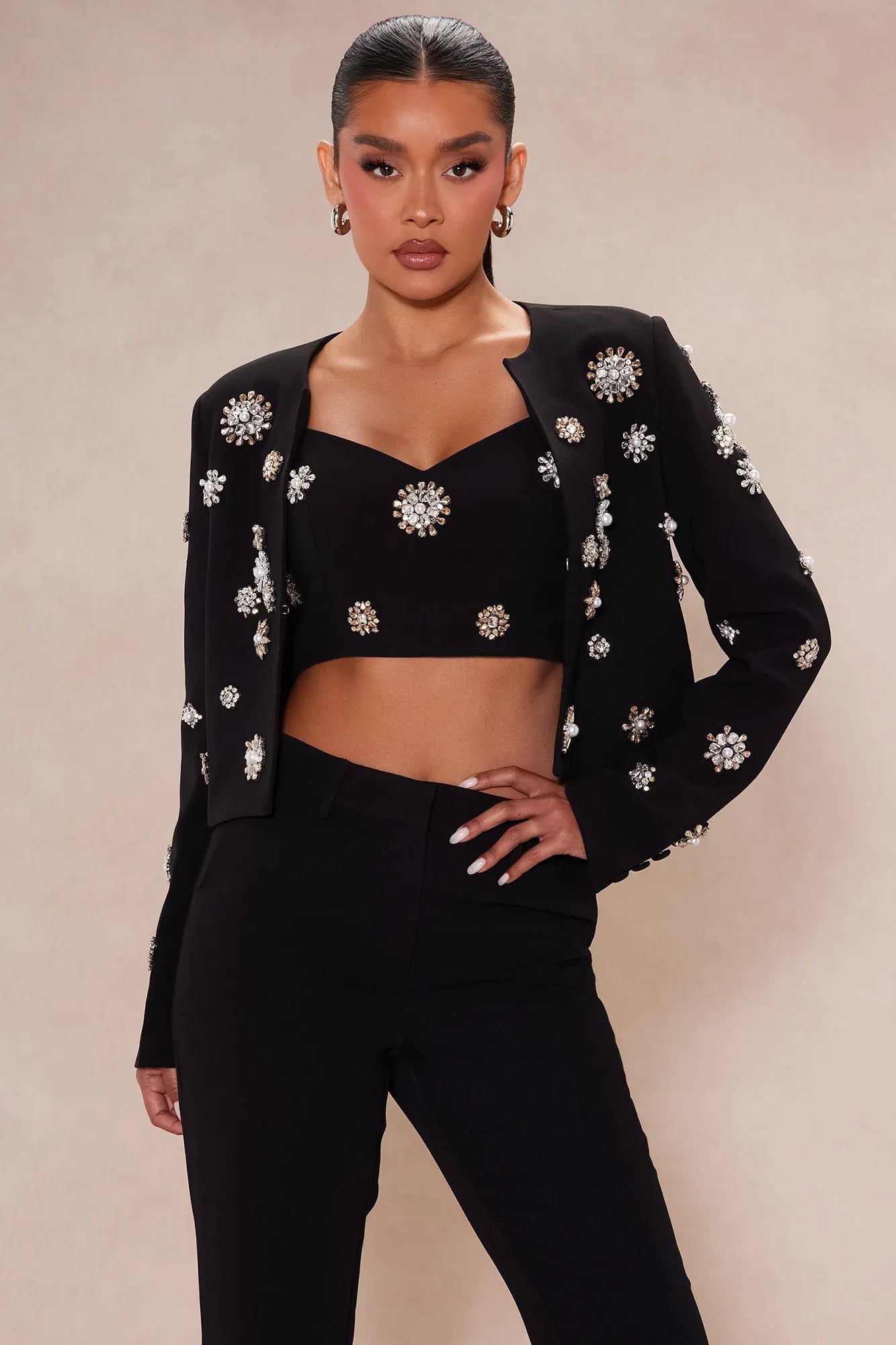 BlamGlam Imported Designer Avah Embellished Blazer Suit Set - Black | Luxurious Tailoring, Elegant Embellishments, Perfect for Formal Events, Premium Fabric, Modern Fit