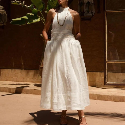 "Linen Backless Maxi Dress - Effortless Summer Style with Pockets"