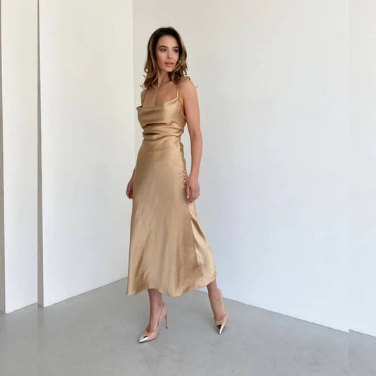 "Gold Satin Slip Dress - Elegance with a Cowl Neck and Open Back"