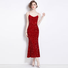 Elegant Red Velvet Sequin Dress - Stunning Evening Gown for Special Occasions, Party, Prom, and Weddings - Comfortable, Stylish, Eye-Catching Design