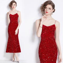 Elegant Red Velvet Sequin Dress - Stunning Evening Gown for Special Occasions, Party, Prom, and Weddings - Comfortable, Stylish, Eye-Catching Design