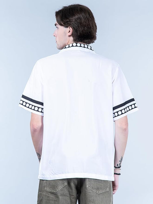 BlamGlam Premium Graphic Printed Oversized White Crepe Shirt for Men | Stylish, Comfortable, and Perfect for Casual Wear | Unique Design, Lightweight Fabric | Designer Shirt |