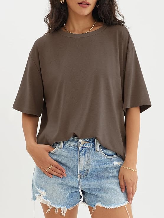 BlamGlam Women’s Oversized Drop Shoulder T-shirt - Relaxed Fit Cotton Top, Casual and Stylish Tee for Everyday Comfort and Sizes | Brown